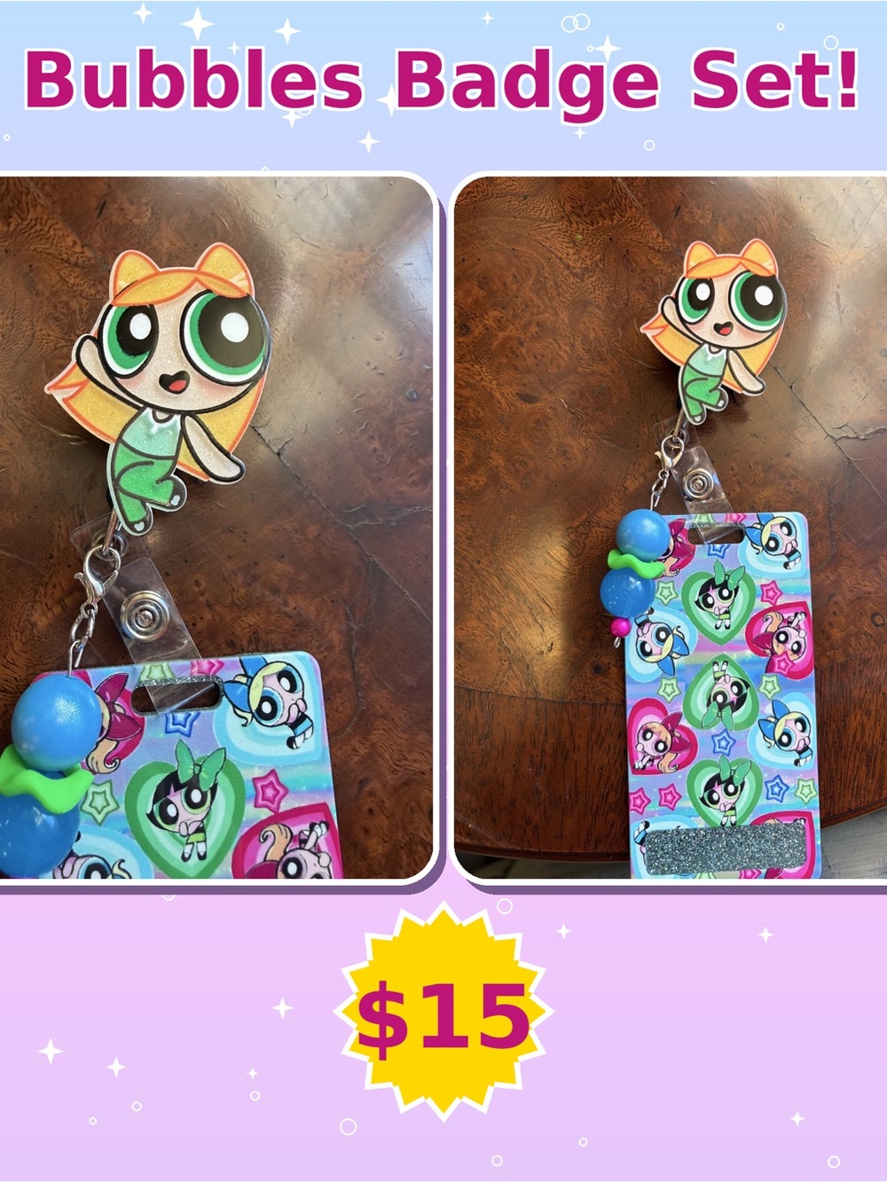 Powerpuff-Inspired Bubbles Badge Reel and Card Holder - Orange & Green